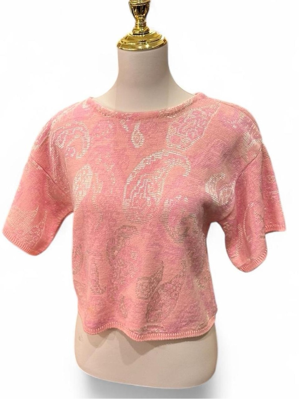 Pink Short-Sleeve Paisley Knit Top